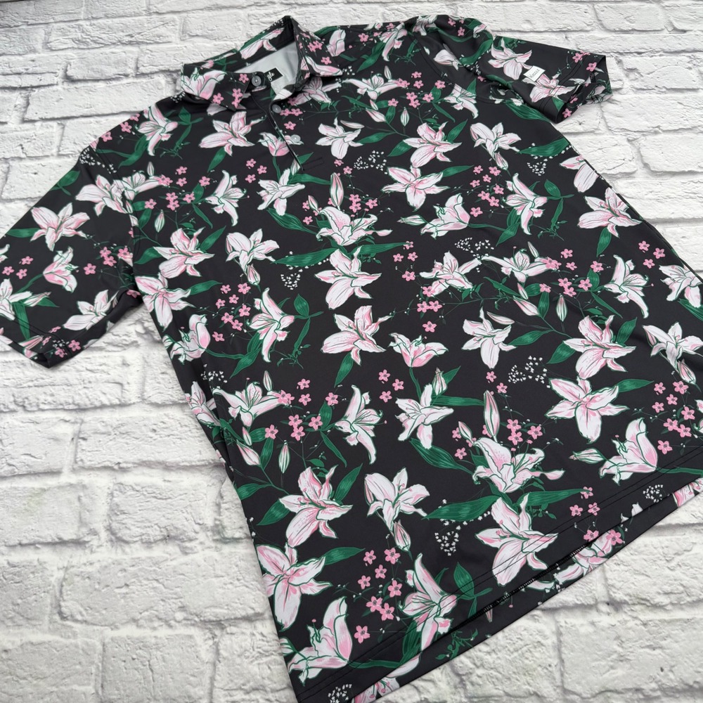 Waggle Golf Polo Mens XL Black Green Floral Short Sleeve Performance Shirt